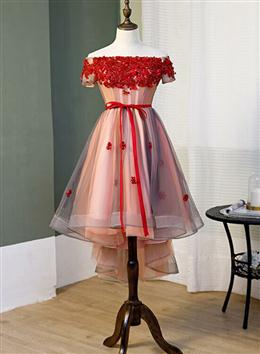 Picture of Red Color High Low Tulle Off Shoulder Party Dresses, Red Color Homecoming Dresses